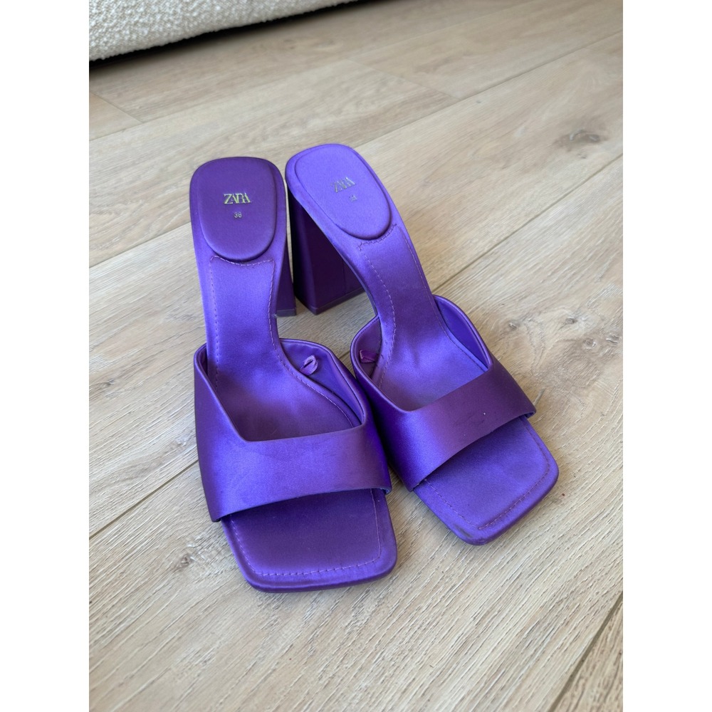 Zara Purple Satin Square Toe Block Heel Mule Sandals Women's EU 38 / US 7.5